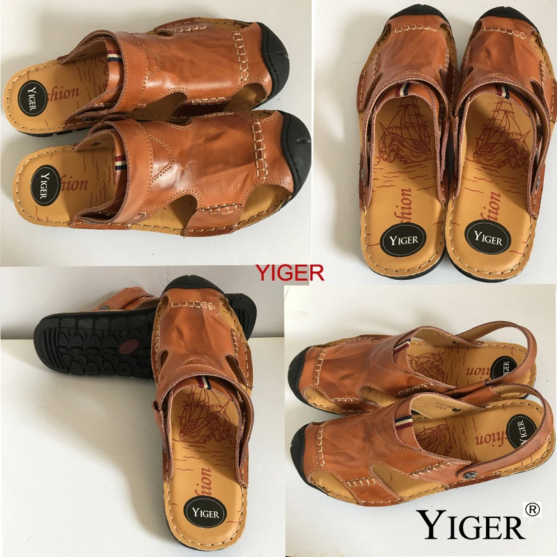 Мужские шлепанцы YIGER натуральная кожа Ранняя резиновая подошва