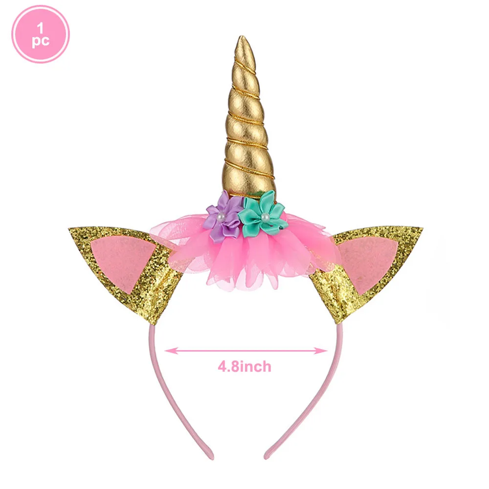1pc headband gold Набор принадлежностей для дня рождения с единорогом, Золотая повязка на голову с единорогом для девочек, Розовая атласная лента, латексные шарики для дня рождения - Цвет: 1pc headband gold