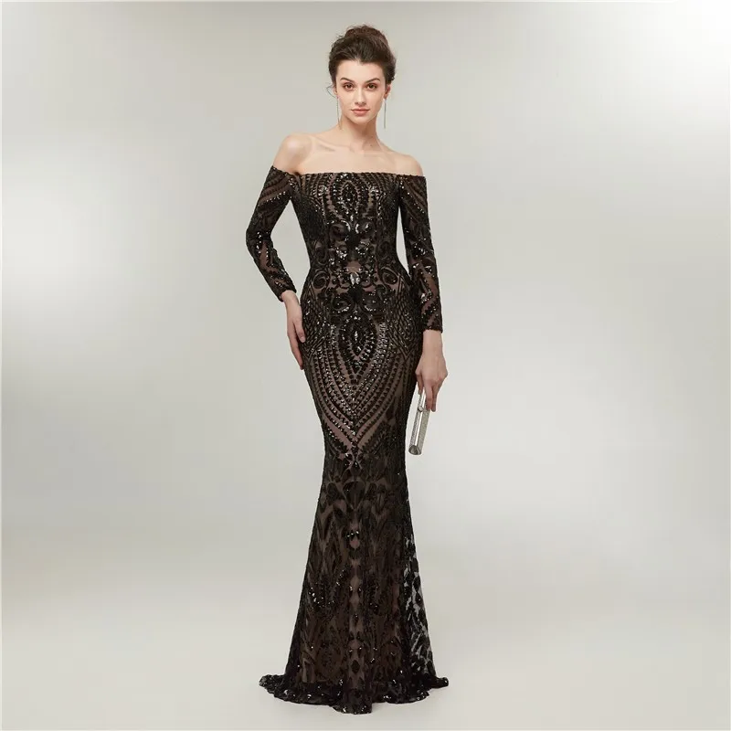 Vivian's Bridal 2018 Черное Вечернее Платье макси с вырезом лодочкой пикантный узор