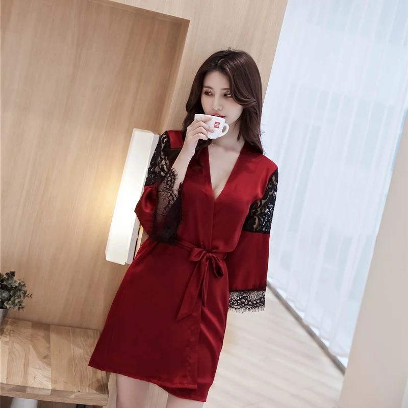 Халат ночная рубашка с кружевом атласный халат пижама женское платье элегантная