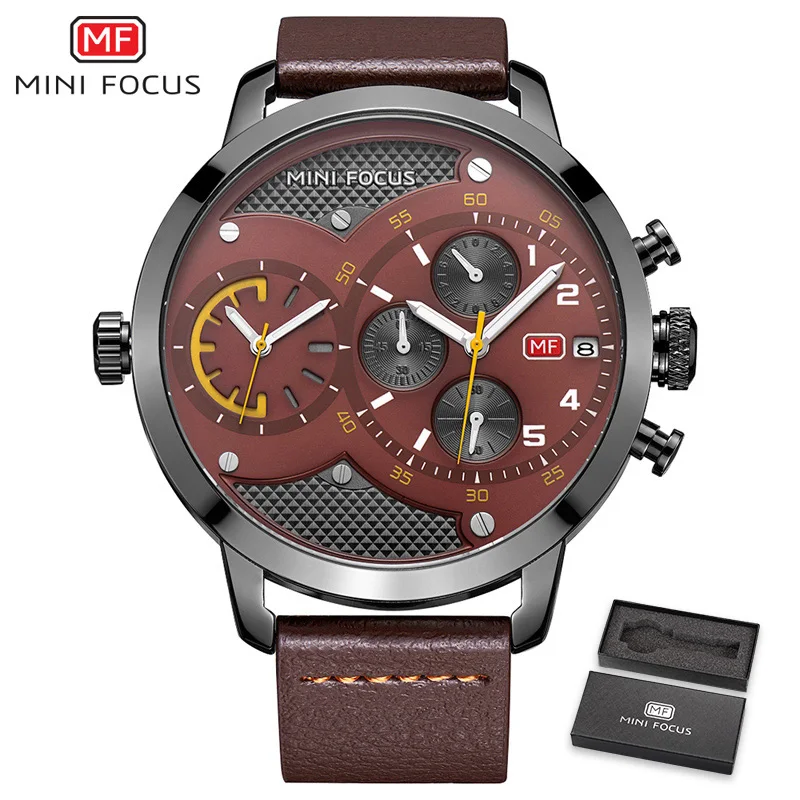 MINIFOCUS Dual Time Chrono спортивные часы модные повседневные мужские наручные Кожа Кварцевые военные часы для мужской водонепроницаемые большие часы наручные мужские часы мужские оригинальные - Цвет: Brown With Box