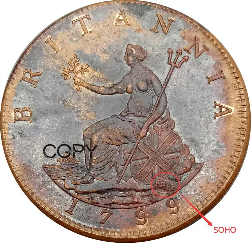 

Копия Великобритании 1/2 г., половина Пенни, 1799 г., 3-й выпуск, красная медь