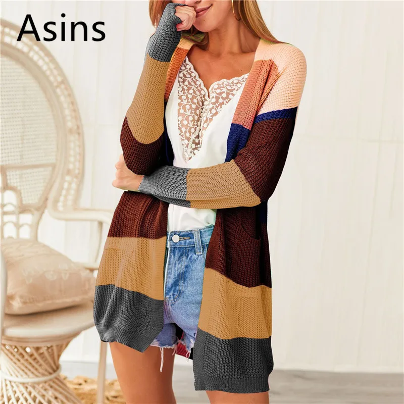 

Asins sweater women 2019 Spring and autumn new hot casual fashion striped splicing cardigan loose wild long sweater coat