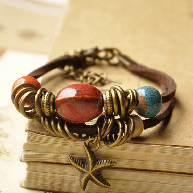 Кожаные браслеты для женщин и мужчин 10 шт./лот керамические бусины морская звезда