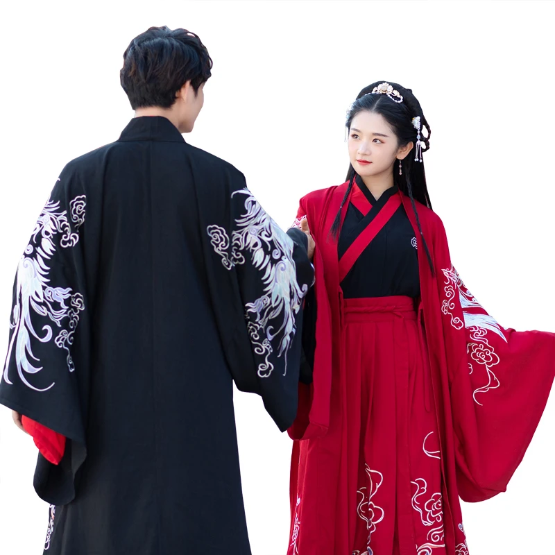 

Big sleeves Evening Gown Robe Guangdong embroidery Phoenix Ancient Dynasty Wei Jin Lovers' Hanfu clothes red Black wedding dress