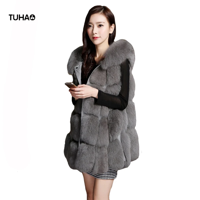 

TUHAO Autumn Winter Faux Fox Fur Coat Long Section Slim Fit Hooded Zipper Long Coat Women Block Fluffy Outerwear TP6599