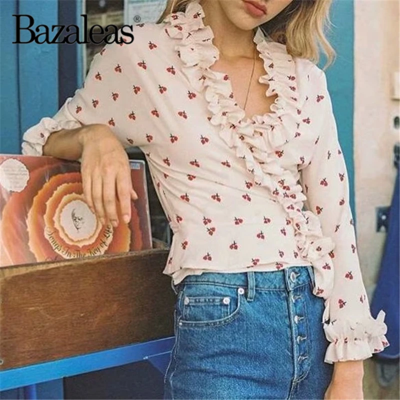 Винтажная женская блузка Bazaleas с V образным вырезом и оборками французским