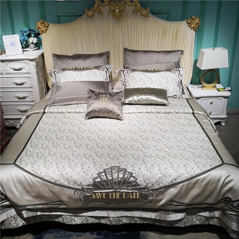

Luxury 600TC Silk Cotton Jacquard Classic Legend Bedding Set Grey Duvet Cover Bed Bed Spread Pillowcases Queen King size 4-10 Pc