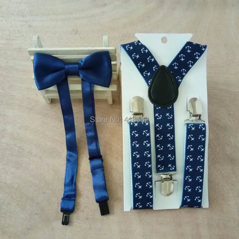 Подтяжки детские темно-синие с принтом якоря 3 зажима галстуком-бабочкой в