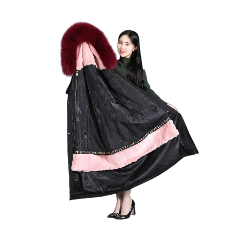 2019 Women Warm Real Fox Fur Coat Jacket Raccoon Fur Collar Natural Parkas Rabbit Fur Liner Coat Parkas Long Outerwear