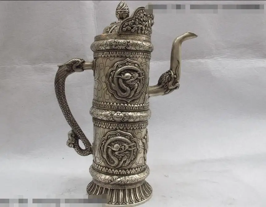 Tibet White Copper Bronze Silver Eight treasures Dragon Lion Flagon wine pot | Дом и сад