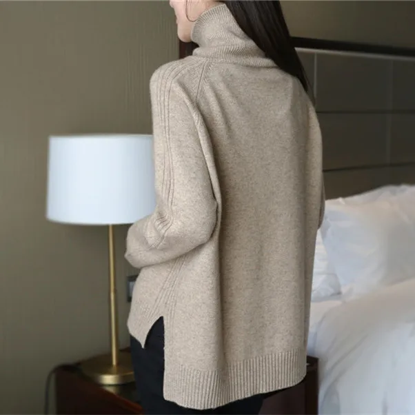 100%goat cashmere knit women pullover sweater front long back short high collar loose languid casual caramel 6color S/M/L | Женская