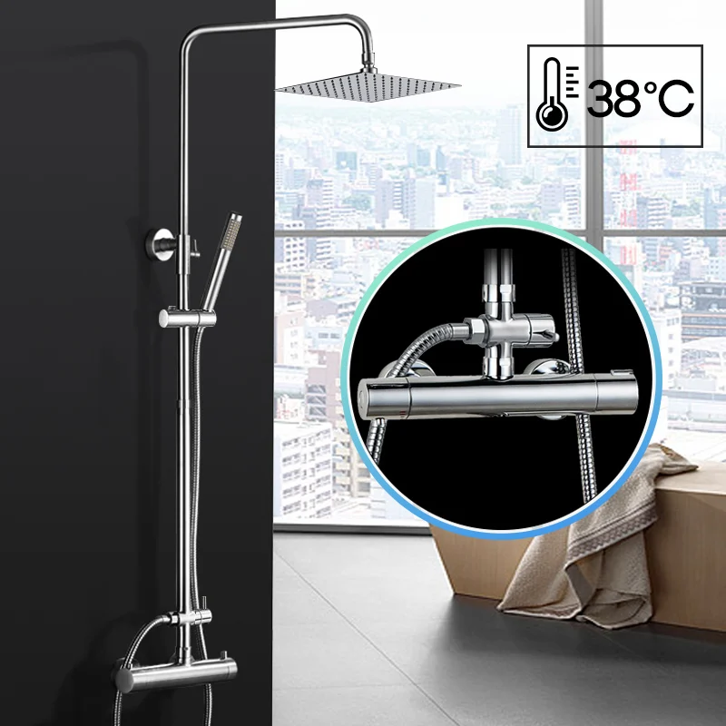 8 inch shower head Quyanre, хромированные Термостатические Смесители для душа, набор, настенное крепление, 8 дюймов, ультратонкий душ, двойные ручки, термостатический смеситель, кран для душа - Цвет: 8 inch shower head