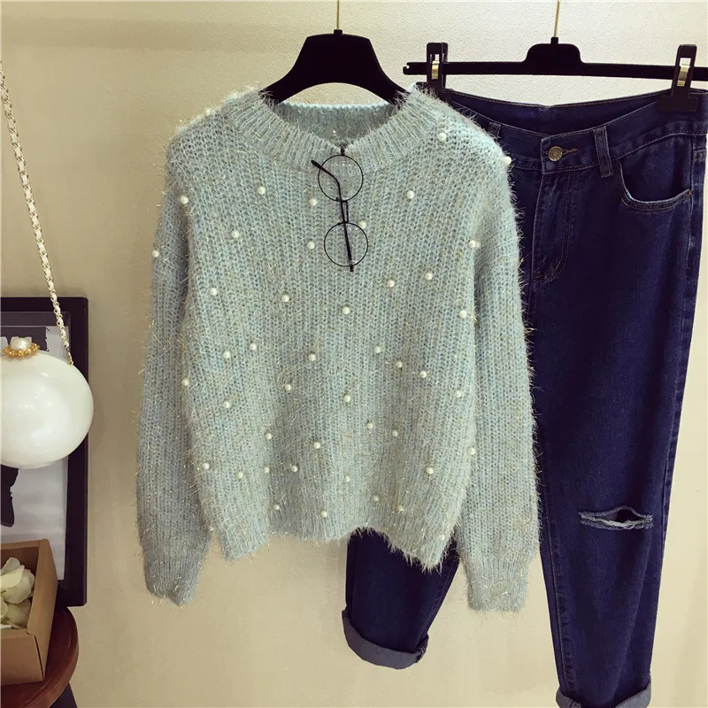 New Pearls Beaded Sweater Mohair Loose Jumper Round Neck Long Sleeve Cute female Beading Knitted Bottoming Shirts Pullovers | Женская