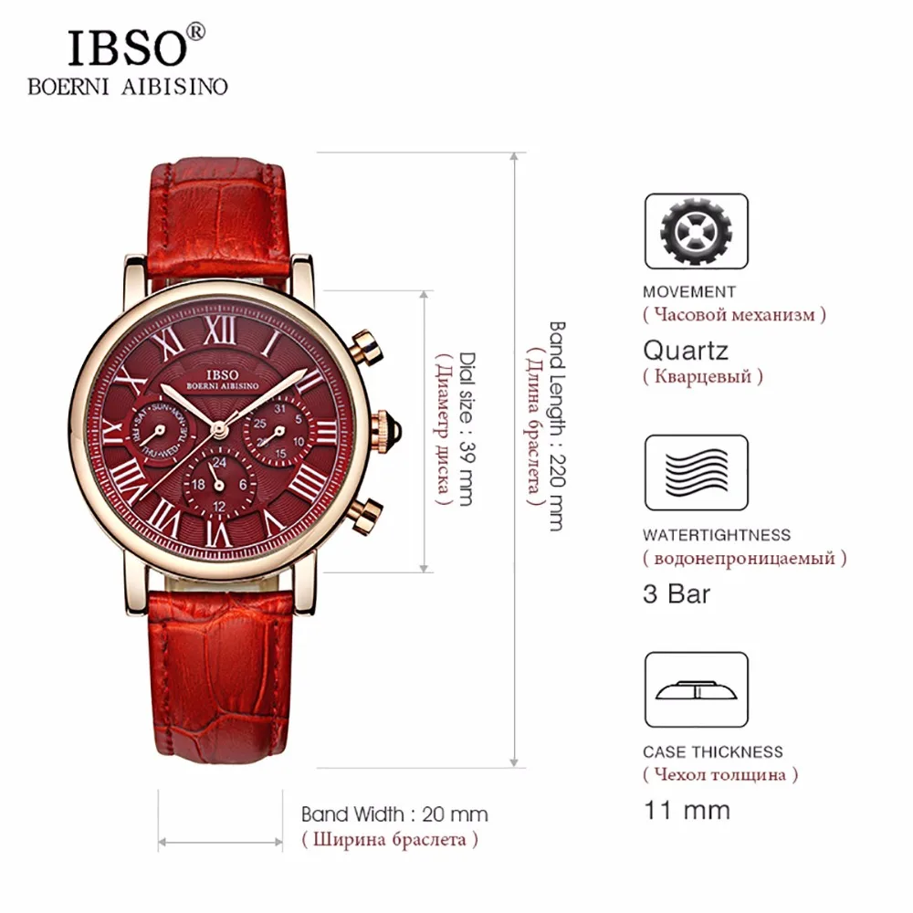 

IBSO 2019 Luxury Fashion Watches Womens Red Dial Leather Strap Rose Gold Multifunction Quartz Watches Montre Femme 6813