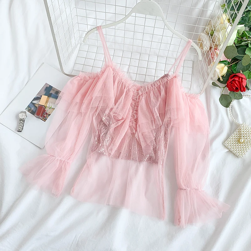 ALPHALMODA кружевная блузка с оборками + кружевной топ блестками женский сексуальный