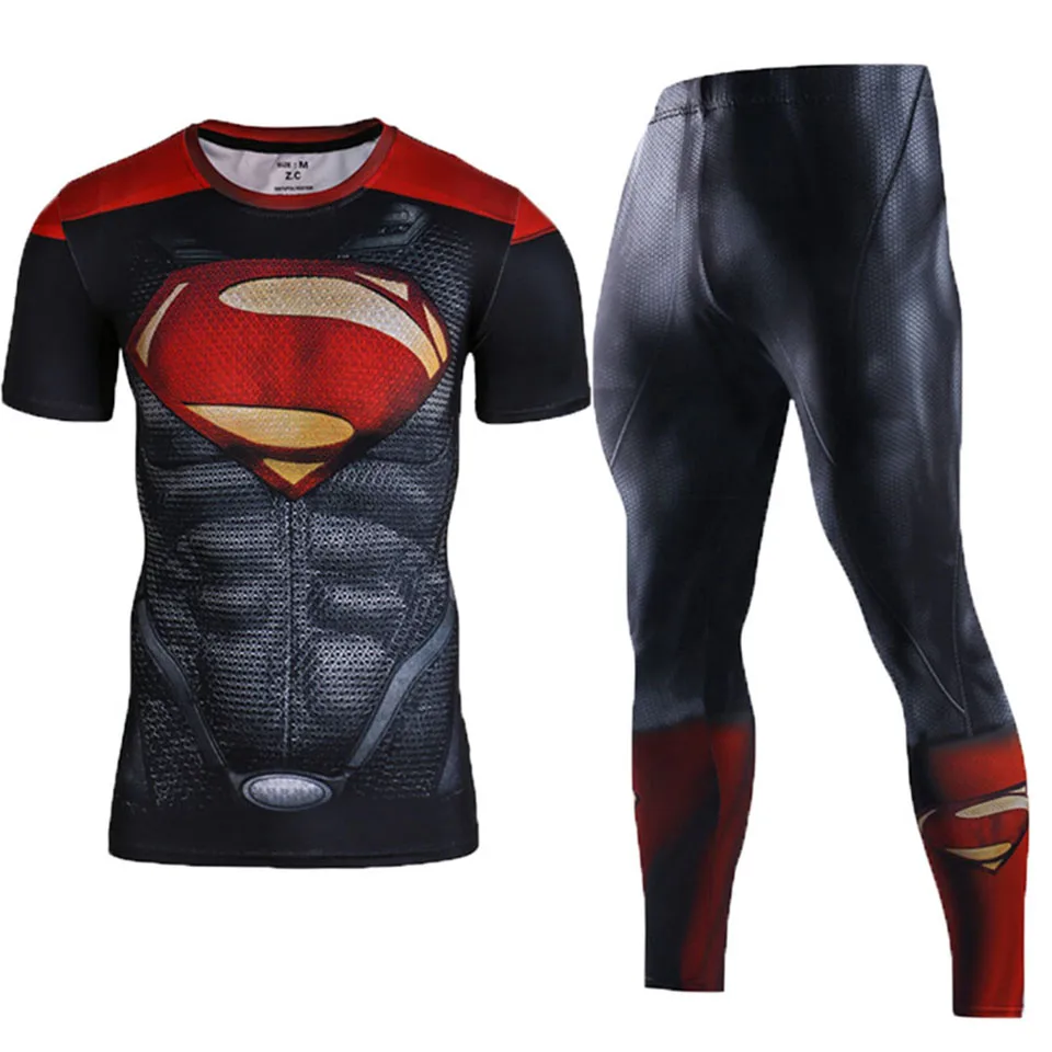 2Pcs Fashion Sportswear Men Workout Fitness Set Superman Captain America Tracksuit Plus Size S-XL | Мужская одежда