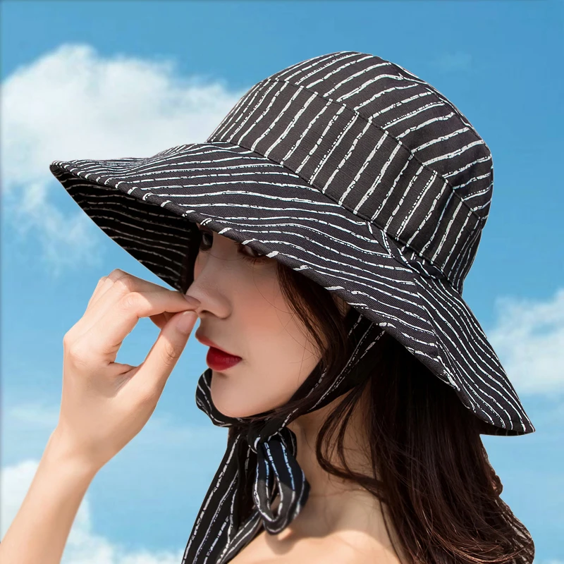 

Prstriped Dome Bucket Hat Women Beach Sun Fishman Bucket Hat Fashion Women Two Side Wear Bob Cap