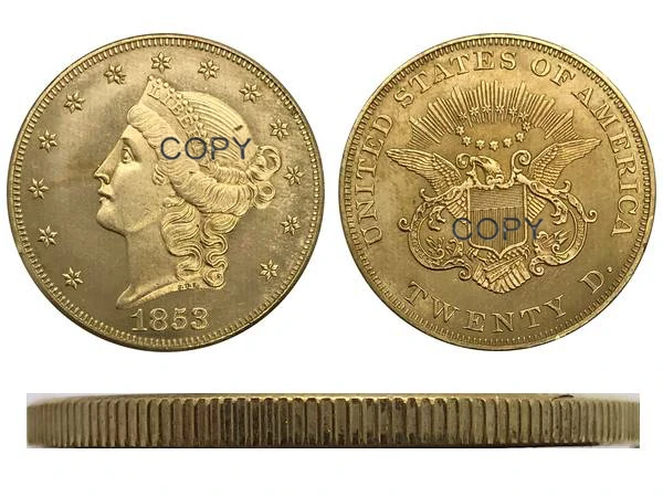 Коллекционная латунная монета 1853 США 20 долларов с головой свободы двойным