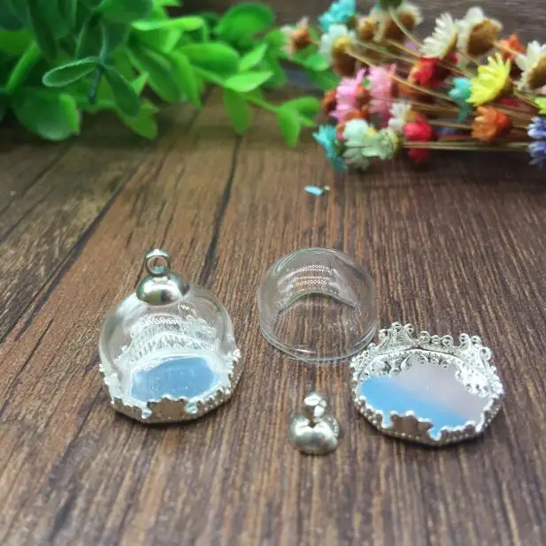 50sets/lot 15mmhalf round glass globe dome bronze silver/gold color crown base beads cap set vial pendant | Украшения и
