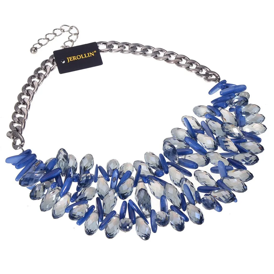 Jerollin Blue Crystal Pendant Necklace Metal Chain Elegant Statement Choker Maxi Necklace For Women Party Accessories Collares