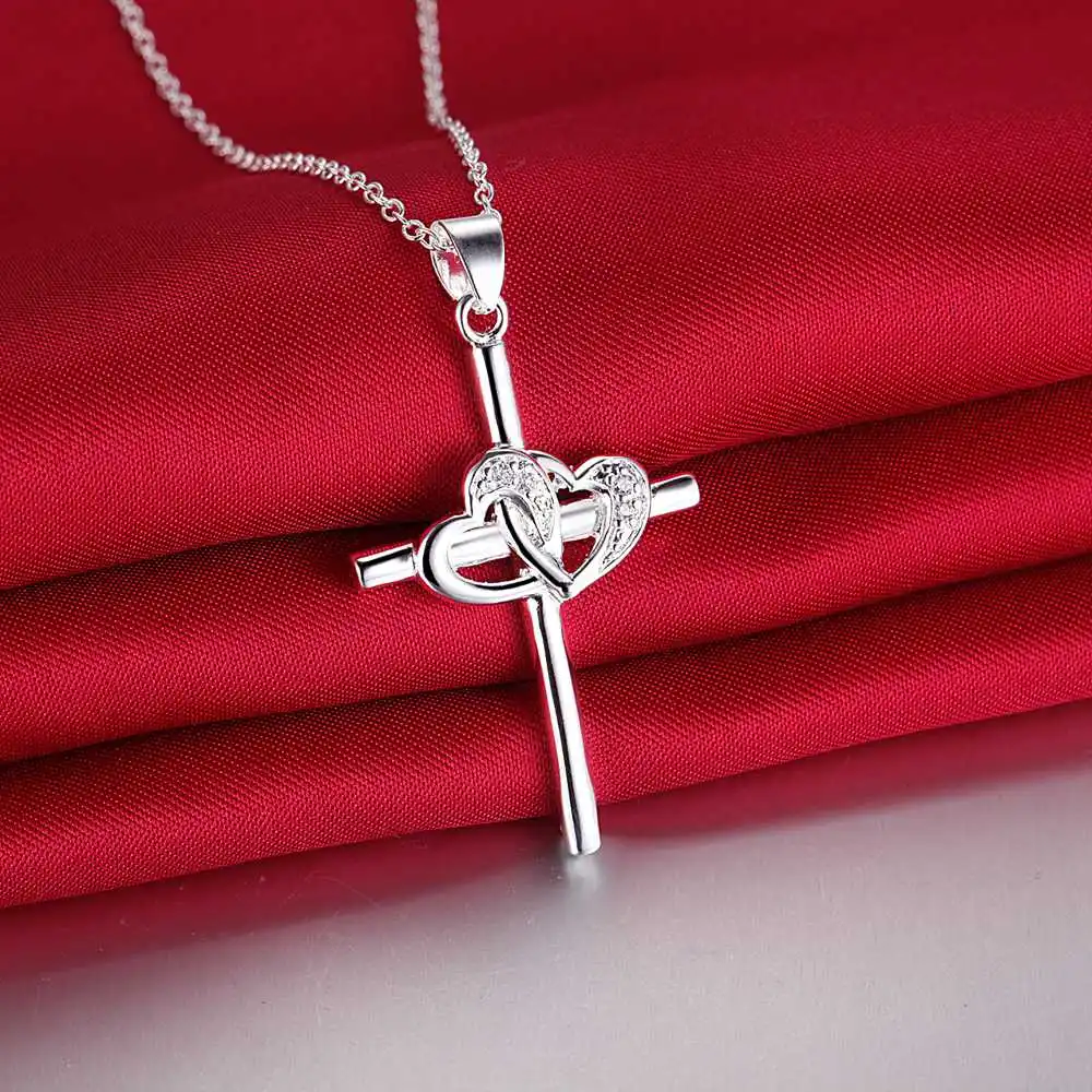 Женское ожерелье из серебра 925 пробы с подвеской крестом|heart necklace|necklace doublechain necklace
