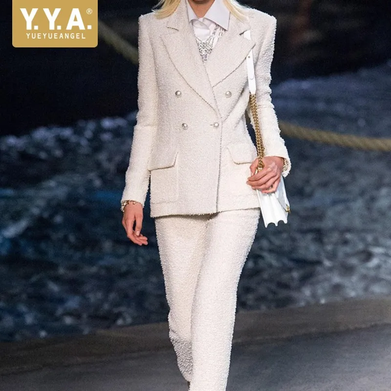 

Women Brand Runway White Tweed Jacket Two Piece Set Office Lady Twill Blazer Coat Ankle Length Pants Outfits Suit Ensemble Femme