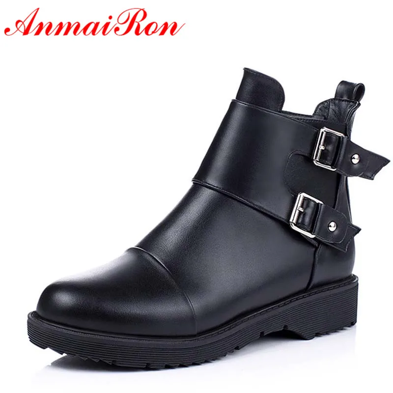 

ANMAIRON PU Material Solid Round Toe Ankle Boots for Women Zipper New Big size43 Med heels Boots Casual Winter Boots Black