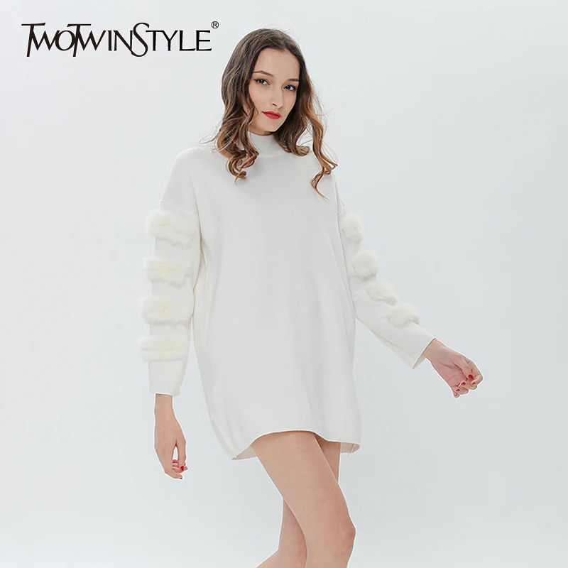 TWOTWINSTYLE Pullover Sweater For Women Turtleneck Lady's Faux Fur Long Sleeve Jumper Dress Female Tops Korean Clothes | Женская