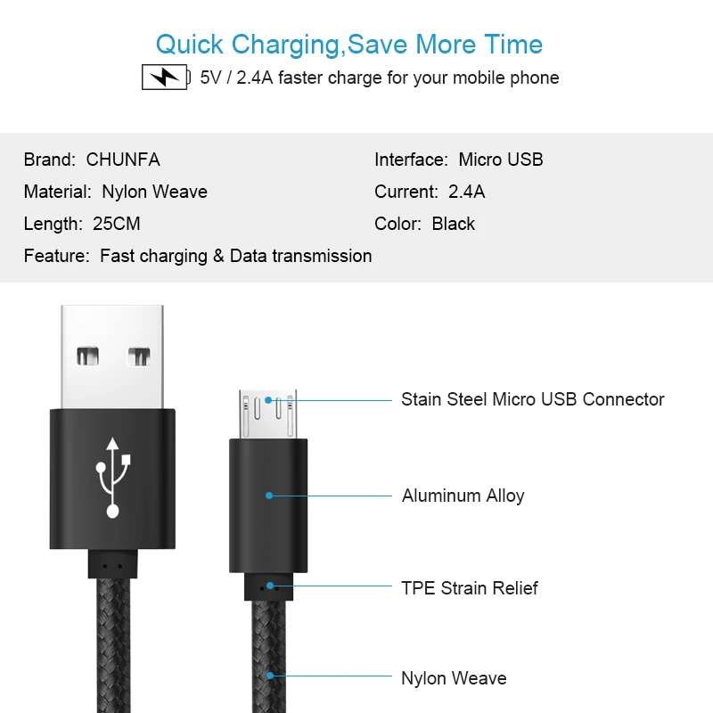 CHUNFA короткие Micro USB кабель для телефона Android зарядное устройство iPhone X 8 плюс 7 6