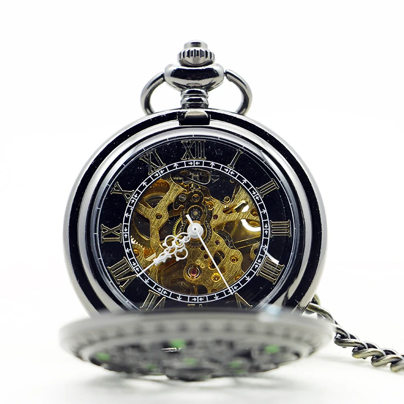 Black Hollow Flower Gem Design Mechanical Pocket Watch Retro Steampunk Gentleman Style Men's Necklace Pendant Clock