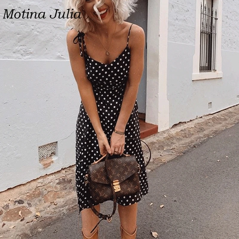 Motina Julia милый сарафан в горошек женское Повседневное платье до колена с разрезом