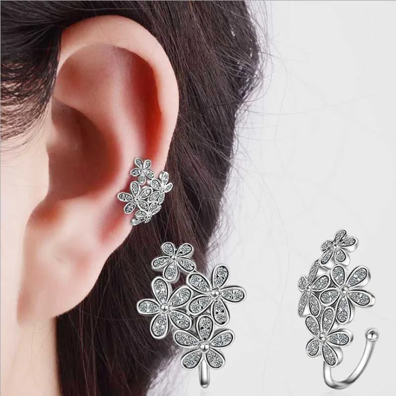 

KOFSAC New Elegant Small Flower 925 Silver Ear Cuff Earrings For Women Shiny CZ Non Piercing Cartilage Ear Clip Jewelry Gifts