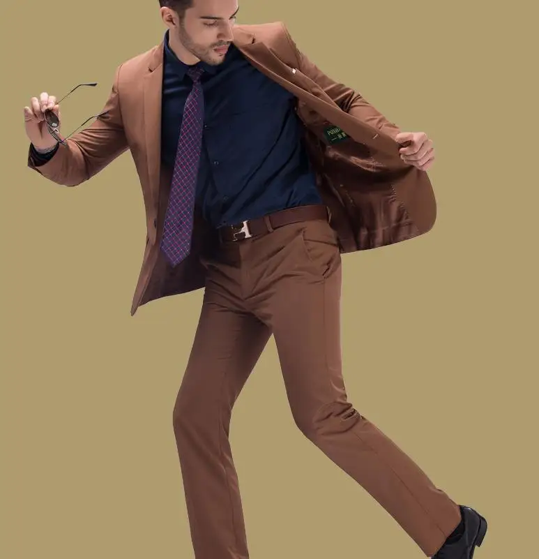 Мужской костюм коричневый Блейзер облегающий смокинг из 2 предметов 2017|brown mens