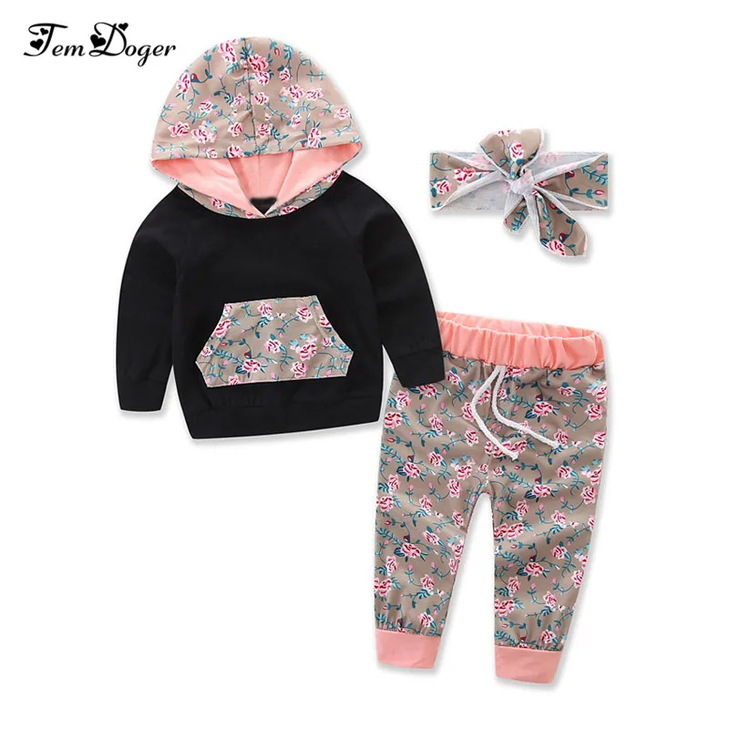 

Tem Doger Spring Newborn Baby Girl Sports Clothes Floral Hooded Sweatershirts+Pants+Headband 3PCS Outfits Set Baby Clothing Sets