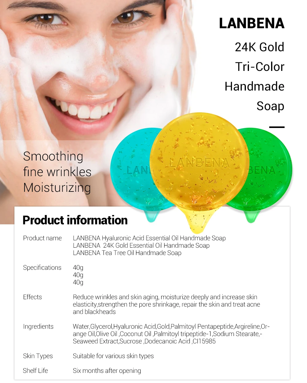 LANBENA 24 K Gold мыло ручной работы Гиалуроновая кислота чистка лица увлажняющий крем восстановление и отбеливание анти-aning Уинклс