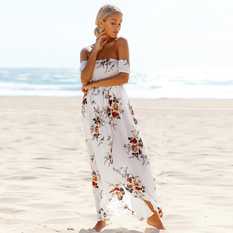 Chiffon Long Dress Women Off Shoulder Maxi Dresses Vestidos Sexy White Split Beach Summer Boho Style | Женская одежда