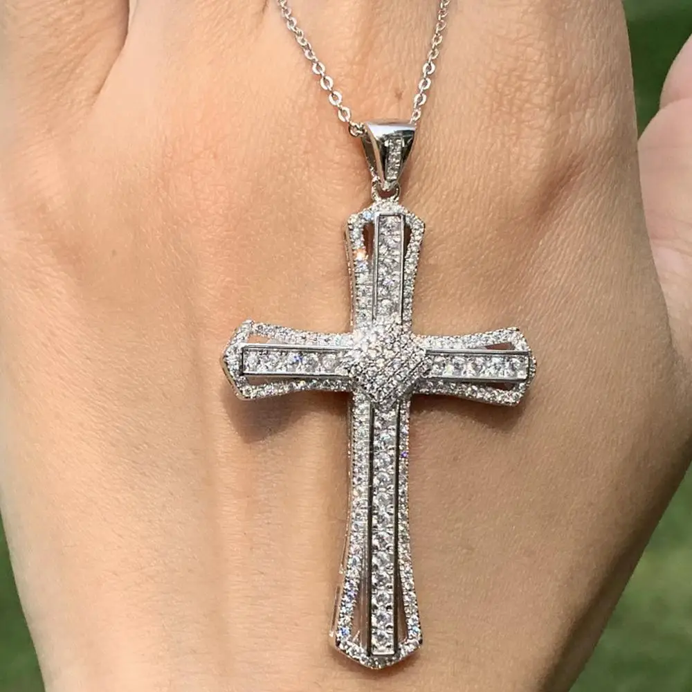 

Vecalon Original Fashion Jewelry Hot Sale 925 Sterling Silver Pave White 5A CZ Party Cross Pendant Women Bridal Necklace Gift