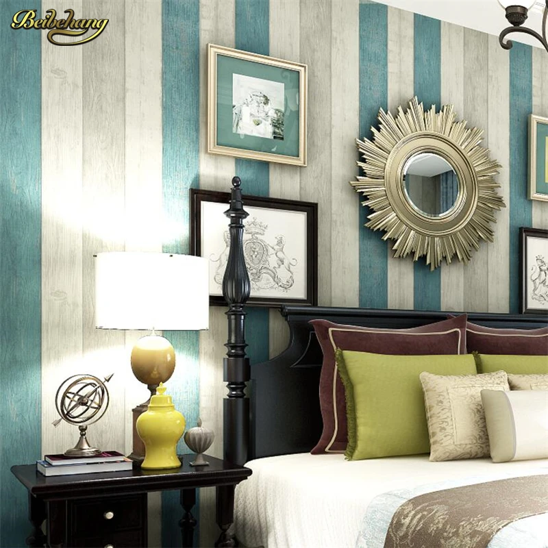 

beibehang American Village Wallpaper Vintage Vertical Grain Make Old Blue Mediterranean papel de parede Living Room Bedroom