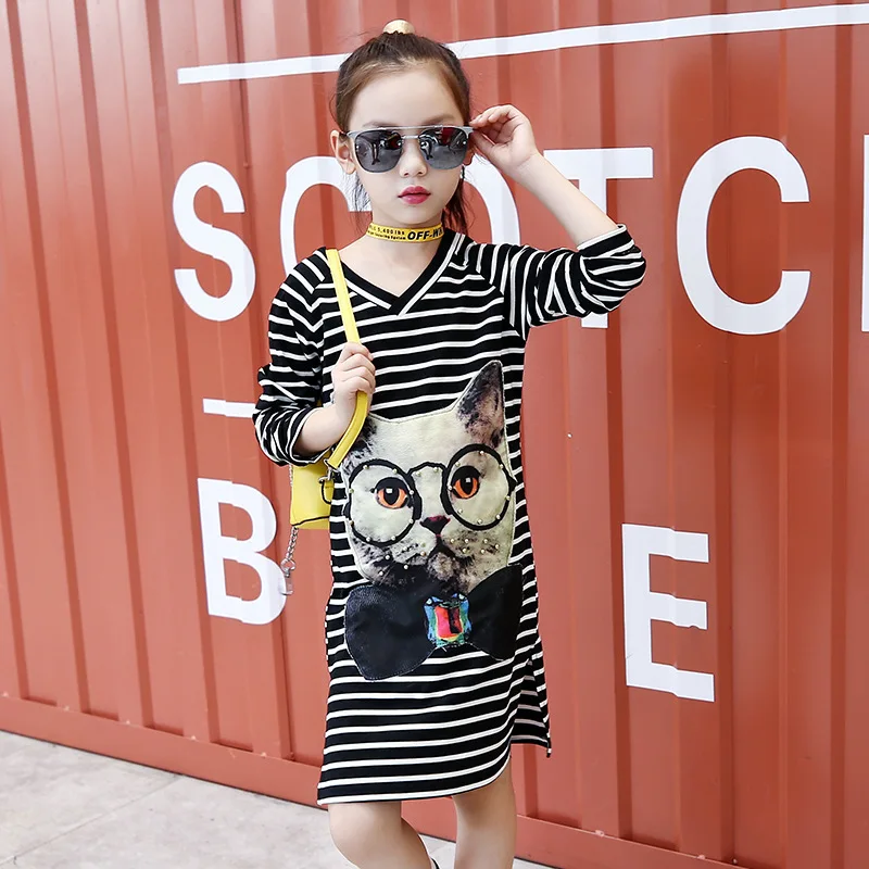Girls costumes kids dress elegant party frocks for girls striped Children cat animal print long sleeve 4 5 12 years | Детская одежда и