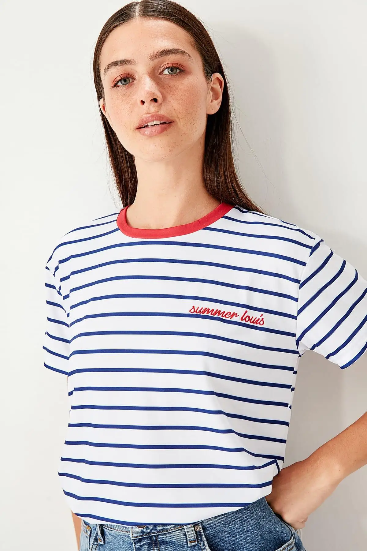 Trendyol темно синие полосатые Базовые Трикотажные футболки TWOSS19TS0042|Футболки| |