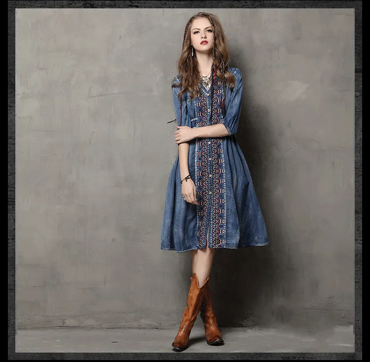 Винтажное летнее платье для женщин джинсовое с v-образным вырезом половина