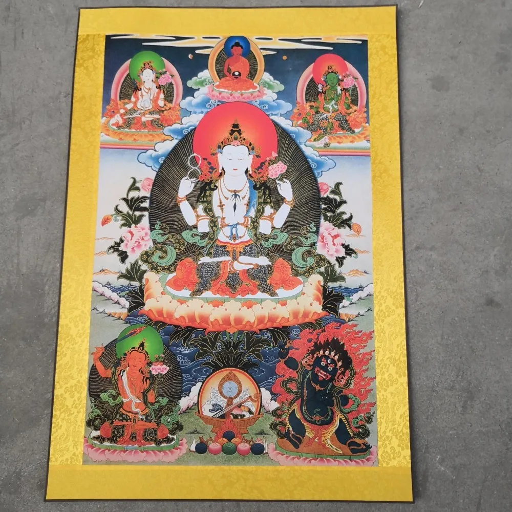 Китай старый Тибет шелк Thangka как висячая картина фэншуй четыре Руки Гуаньинь