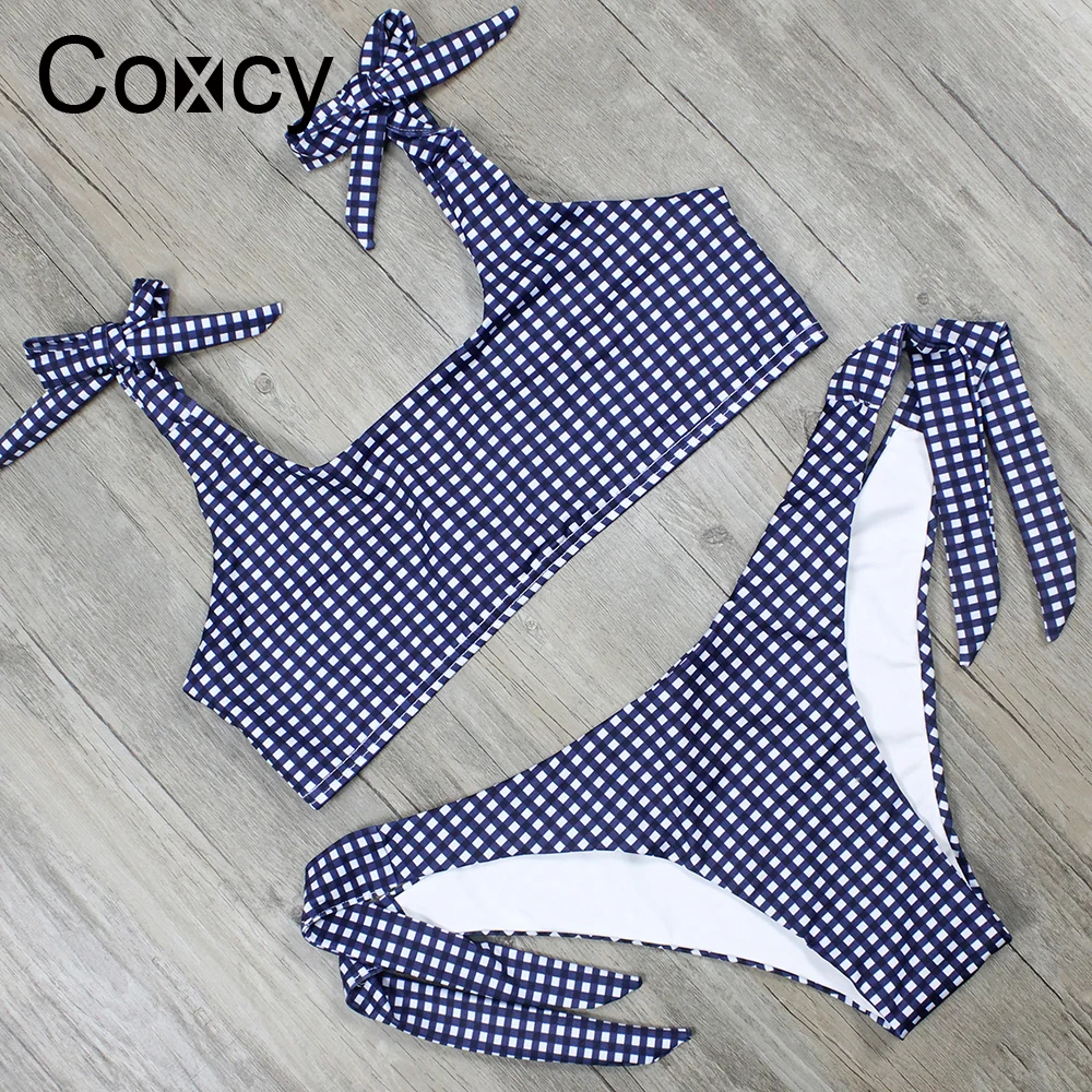 Coxcy Plaid Bikini Set Swimwear Tie Women Swimsuit Sexy Bowknot Bikinis Maillot De Bain Feme Beachwear Bathing Suit Biquini |