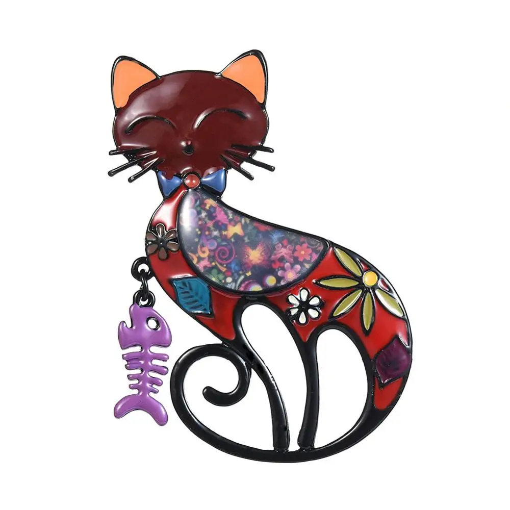 Женская Брошь с эмалью CrIng Coco красная брошь в форме кошки рыбьими костями подарок