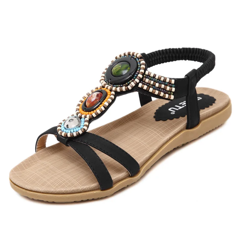 Рим сандалии 2017 женщин летом плоским мягкое дно Чешского стиль Elast Группы бусы