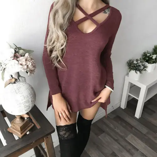 2017 Women Mini Dress Short Long Sleeve Shirt Casual V Neck Lace up Sexy Pullover Autumn Winter Split Loose Tops Dresses | Женская