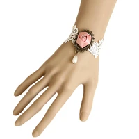 bridal hand pink flower rose white lace bead drop bracelet bronze metal wedding party gothic lolita vintage fashion accessory
