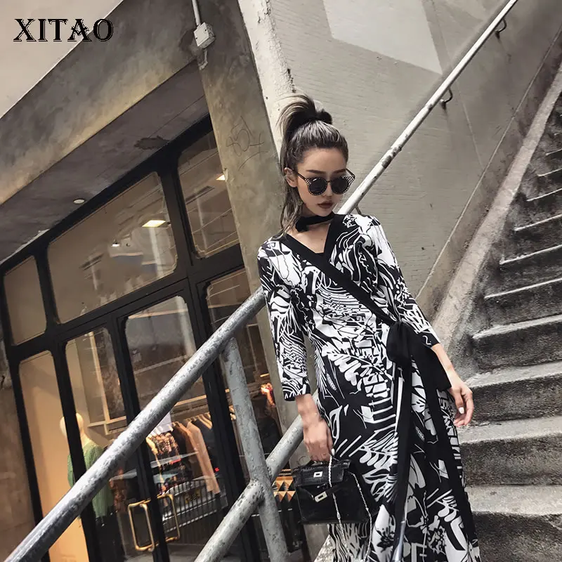 XITAO уличный принт темперамент Макси Платье запястье рукав пояса комплект из двух