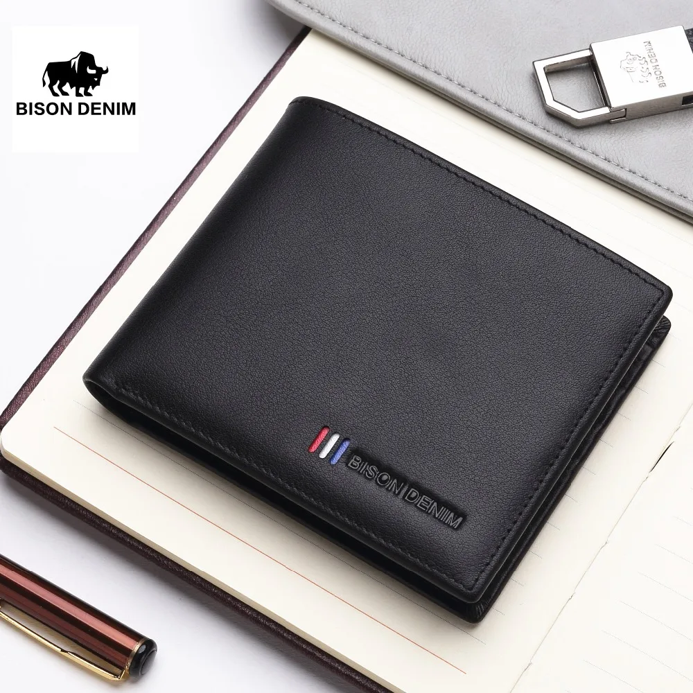 Бренд BISON DENIM мужской Ультратонкий кошелек из натуральной кожи бычьей с карманом